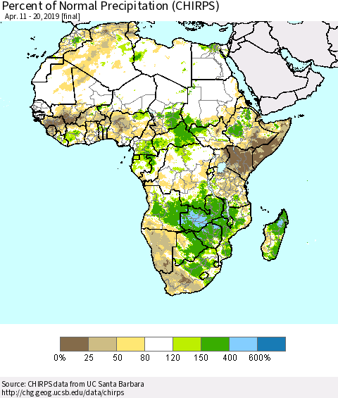 Africa Percent of Normal Precipitation (CHIRPS) Thematic Map For 4/11/2019 - 4/20/2019