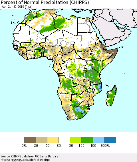 Africa Percent of Normal Precipitation (CHIRPS) Thematic Map For 4/21/2019 - 4/30/2019