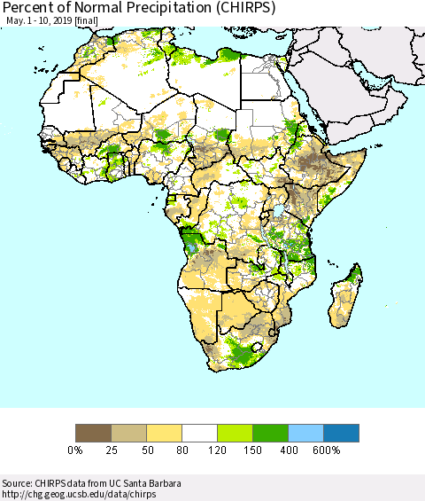 Africa Percent of Normal Precipitation (CHIRPS) Thematic Map For 5/1/2019 - 5/10/2019