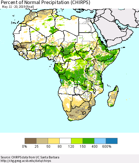 Africa Percent of Normal Precipitation (CHIRPS) Thematic Map For 5/11/2019 - 5/20/2019