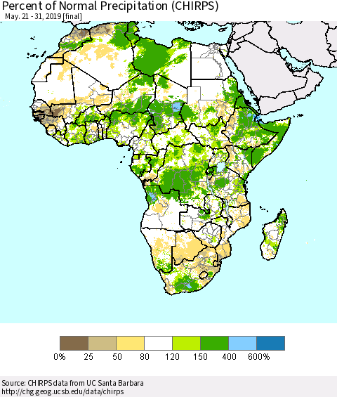 Africa Percent of Normal Precipitation (CHIRPS) Thematic Map For 5/21/2019 - 5/31/2019