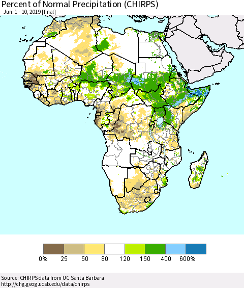 Africa Percent of Normal Precipitation (CHIRPS) Thematic Map For 6/1/2019 - 6/10/2019
