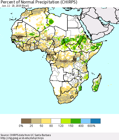 Africa Percent of Normal Precipitation (CHIRPS) Thematic Map For 6/11/2019 - 6/20/2019