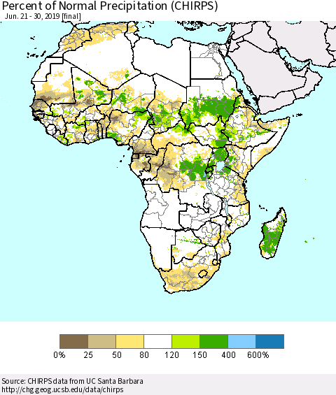 Africa Percent of Normal Precipitation (CHIRPS) Thematic Map For 6/21/2019 - 6/30/2019