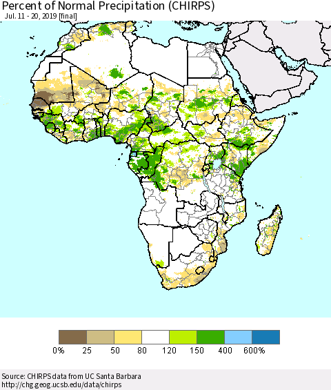 Africa Percent of Normal Precipitation (CHIRPS) Thematic Map For 7/11/2019 - 7/20/2019