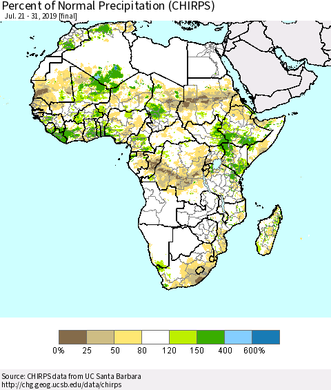 Africa Percent of Normal Precipitation (CHIRPS) Thematic Map For 7/21/2019 - 7/31/2019