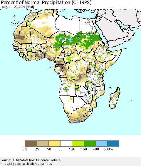 Africa Percent of Normal Precipitation (CHIRPS) Thematic Map For 8/11/2019 - 8/20/2019