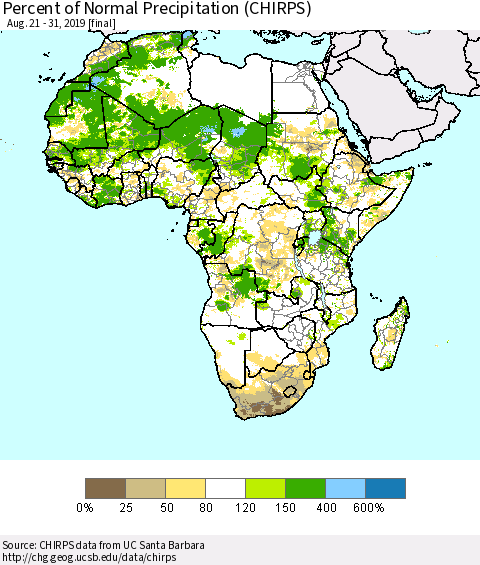 Africa Percent of Normal Precipitation (CHIRPS) Thematic Map For 8/21/2019 - 8/31/2019