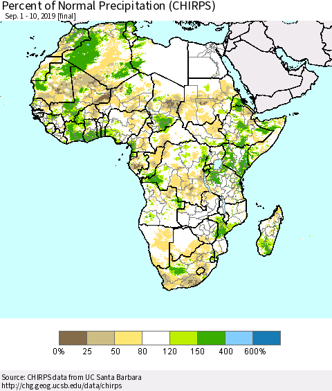 Africa Percent of Normal Precipitation (CHIRPS) Thematic Map For 9/1/2019 - 9/10/2019