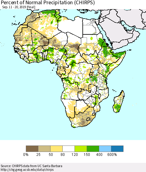 Africa Percent of Normal Precipitation (CHIRPS) Thematic Map For 9/11/2019 - 9/20/2019