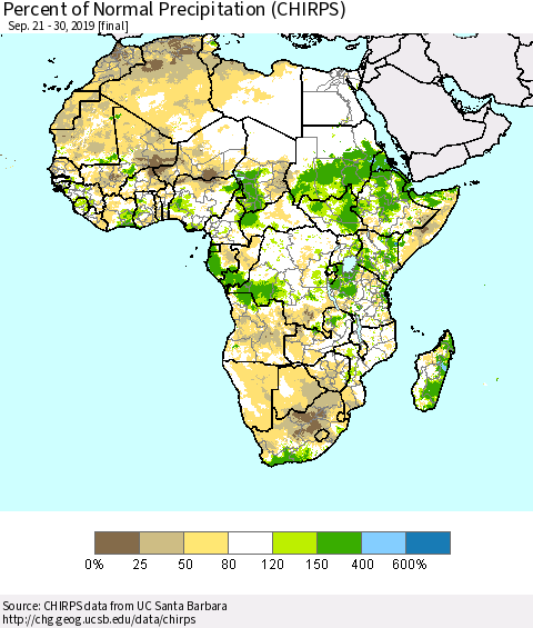 Africa Percent of Normal Precipitation (CHIRPS) Thematic Map For 9/21/2019 - 9/30/2019