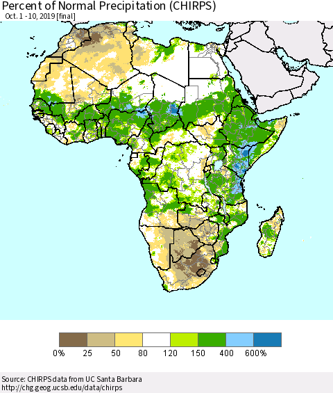 Africa Percent of Normal Precipitation (CHIRPS) Thematic Map For 10/1/2019 - 10/10/2019