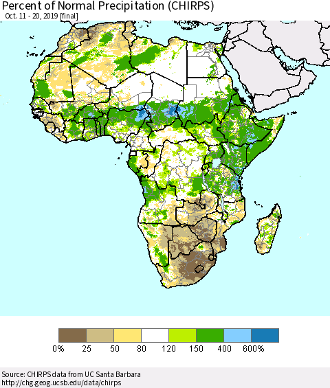 Africa Percent of Normal Precipitation (CHIRPS) Thematic Map For 10/11/2019 - 10/20/2019