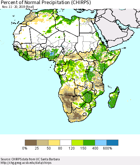 Africa Percent of Normal Precipitation (CHIRPS) Thematic Map For 11/11/2019 - 11/20/2019