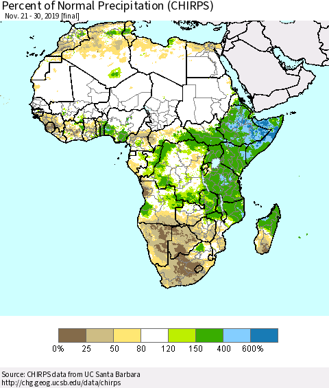 Africa Percent of Normal Precipitation (CHIRPS) Thematic Map For 11/21/2019 - 11/30/2019