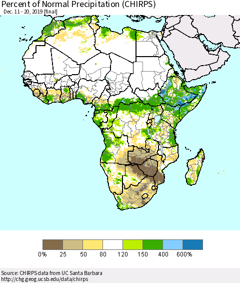 Africa Percent of Normal Precipitation (CHIRPS) Thematic Map For 12/11/2019 - 12/20/2019