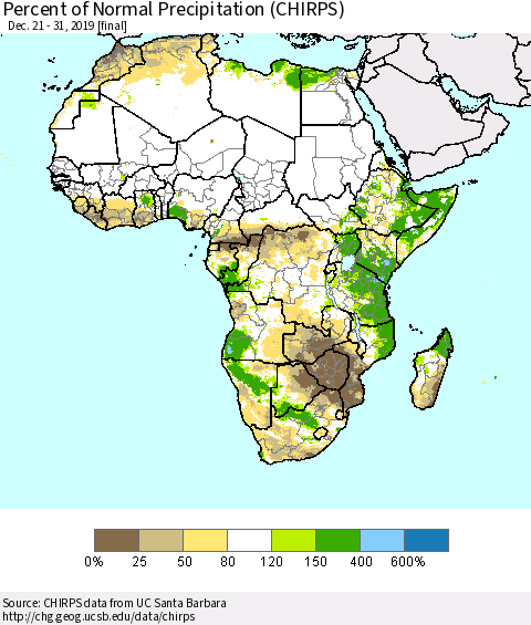 Africa Percent of Normal Precipitation (CHIRPS) Thematic Map For 12/21/2019 - 12/31/2019