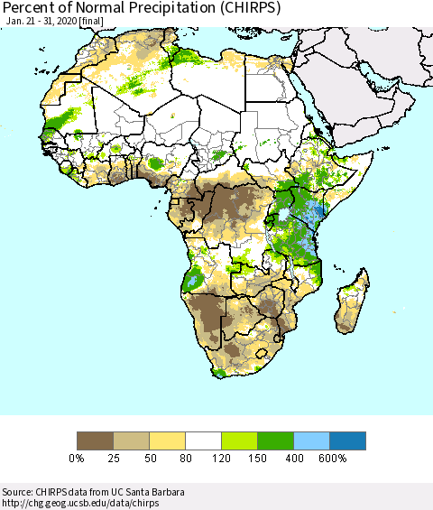 Africa Percent of Normal Precipitation (CHIRPS) Thematic Map For 1/21/2020 - 1/31/2020