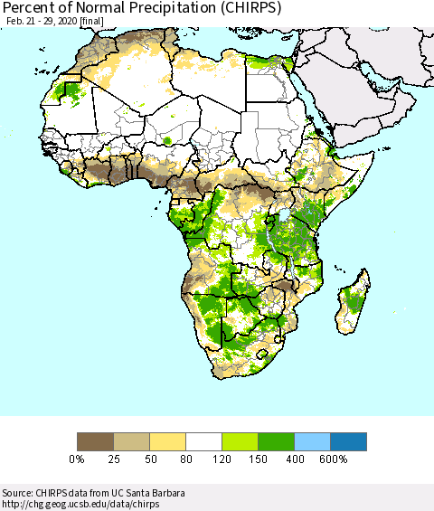 Africa Percent of Normal Precipitation (CHIRPS) Thematic Map For 2/21/2020 - 2/29/2020