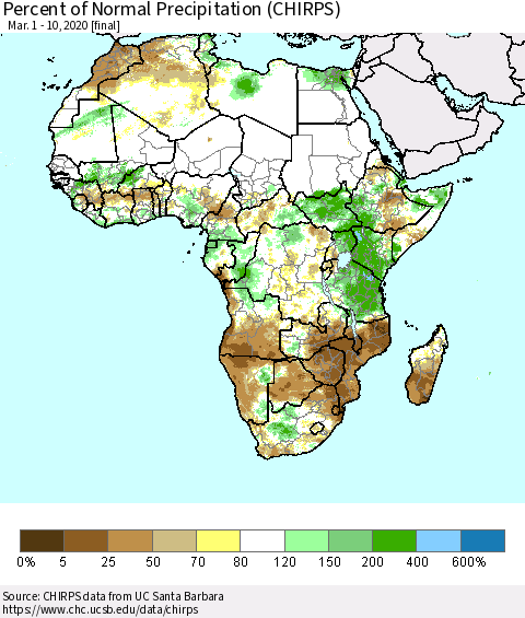 Africa Percent of Normal Precipitation (CHIRPS) Thematic Map For 3/1/2020 - 3/10/2020