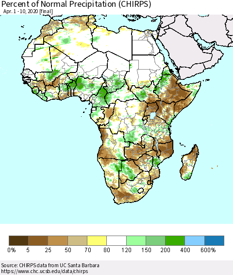 Africa Percent of Normal Precipitation (CHIRPS) Thematic Map For 4/1/2020 - 4/10/2020