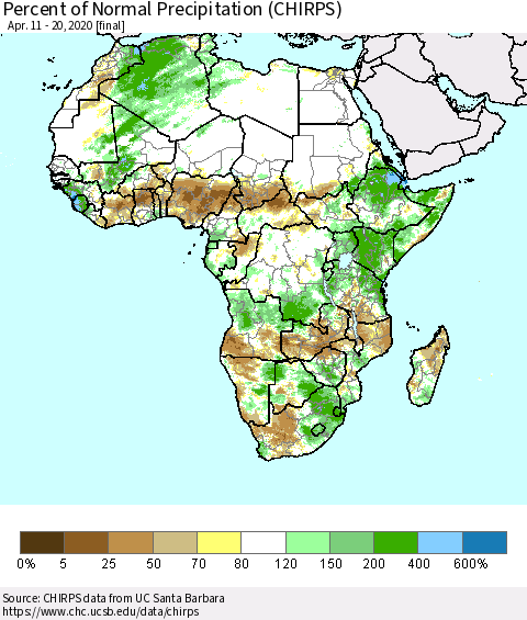 Africa Percent of Normal Precipitation (CHIRPS) Thematic Map For 4/11/2020 - 4/20/2020
