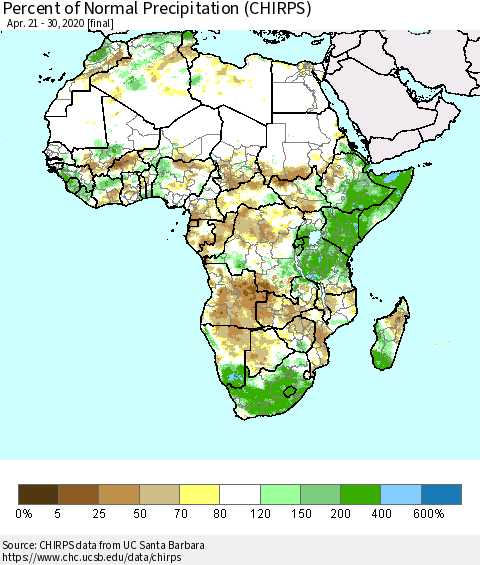 Africa Percent of Normal Precipitation (CHIRPS) Thematic Map For 4/21/2020 - 4/30/2020