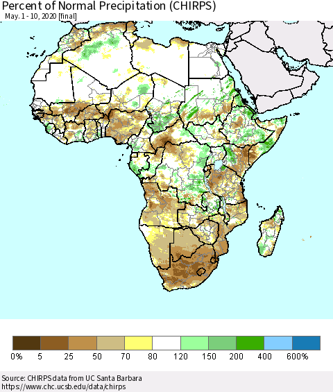 Africa Percent of Normal Precipitation (CHIRPS) Thematic Map For 5/1/2020 - 5/10/2020