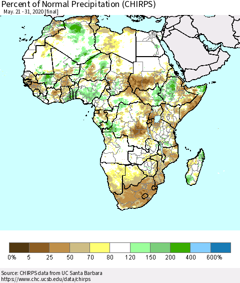 Africa Percent of Normal Precipitation (CHIRPS) Thematic Map For 5/21/2020 - 5/31/2020