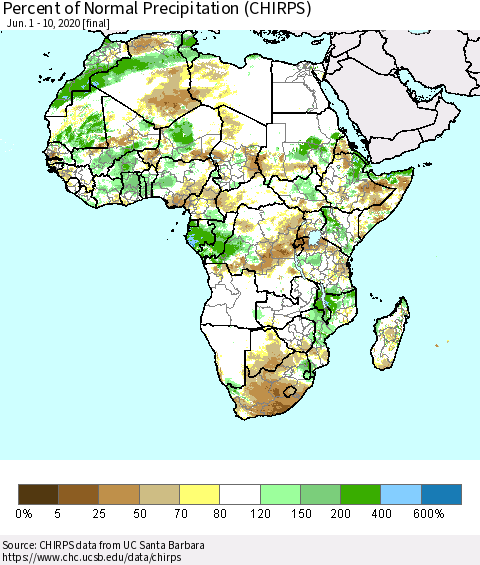 Africa Percent of Normal Precipitation (CHIRPS) Thematic Map For 6/1/2020 - 6/10/2020