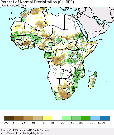 Africa Percent of Normal Precipitation (CHIRPS) Thematic Map For 6/11/2020 - 6/20/2020
