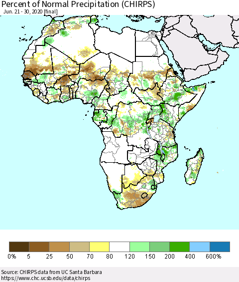 Africa Percent of Normal Precipitation (CHIRPS) Thematic Map For 6/21/2020 - 6/30/2020