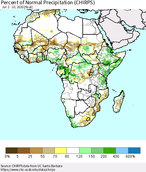 Africa Percent of Normal Precipitation (CHIRPS) Thematic Map For 7/1/2020 - 7/10/2020
