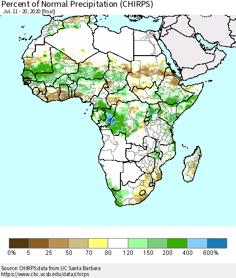 Africa Percent of Normal Precipitation (CHIRPS) Thematic Map For 7/11/2020 - 7/20/2020