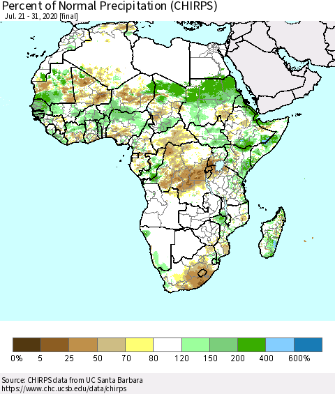 Africa Percent of Normal Precipitation (CHIRPS) Thematic Map For 7/21/2020 - 7/31/2020
