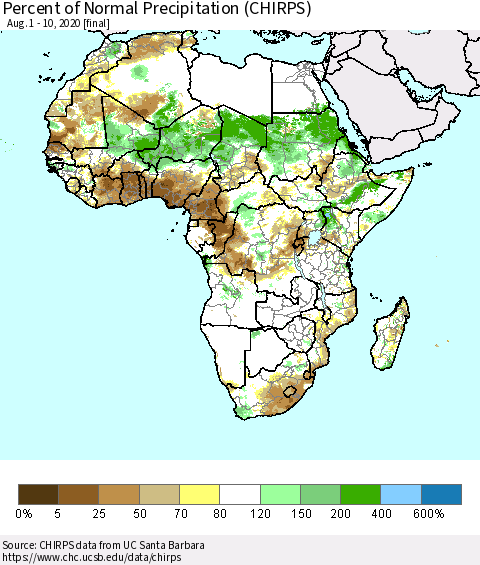 Africa Percent of Normal Precipitation (CHIRPS) Thematic Map For 8/1/2020 - 8/10/2020
