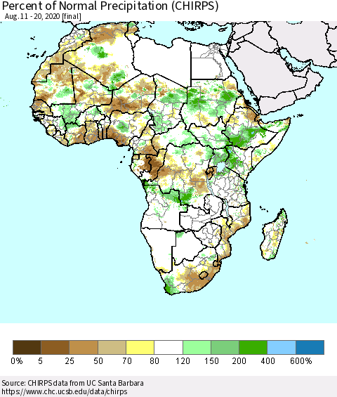 Africa Percent of Normal Precipitation (CHIRPS) Thematic Map For 8/11/2020 - 8/20/2020