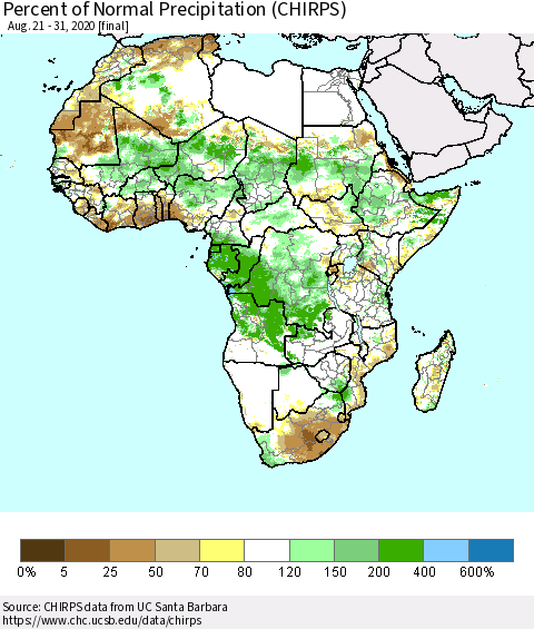 Africa Percent of Normal Precipitation (CHIRPS) Thematic Map For 8/21/2020 - 8/31/2020