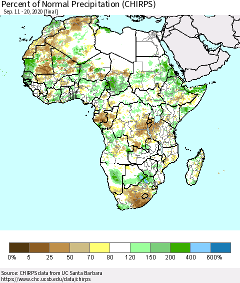 Africa Percent of Normal Precipitation (CHIRPS) Thematic Map For 9/11/2020 - 9/20/2020