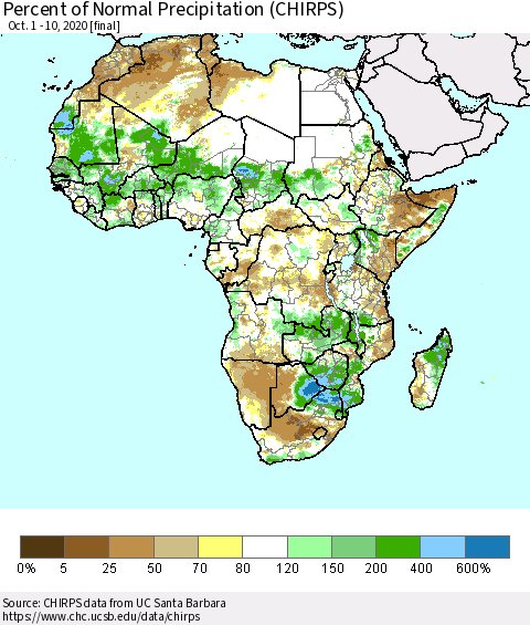 Africa Percent of Normal Precipitation (CHIRPS) Thematic Map For 10/1/2020 - 10/10/2020