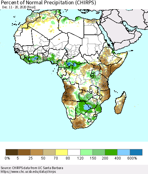 Africa Percent of Normal Precipitation (CHIRPS) Thematic Map For 12/11/2020 - 12/20/2020