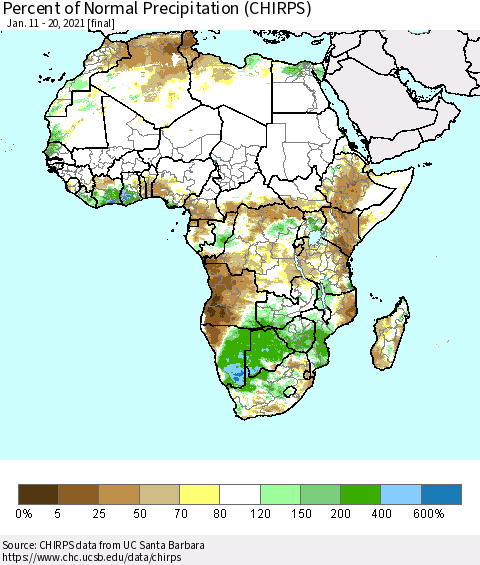 Africa Percent of Normal Precipitation (CHIRPS) Thematic Map For 1/11/2021 - 1/20/2021
