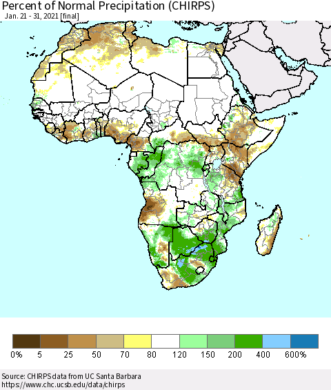 Africa Percent of Normal Precipitation (CHIRPS) Thematic Map For 1/21/2021 - 1/31/2021