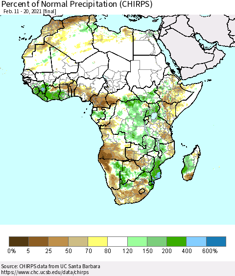 Africa Percent of Normal Precipitation (CHIRPS) Thematic Map For 2/11/2021 - 2/20/2021