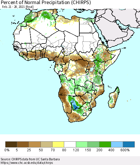 Africa Percent of Normal Precipitation (CHIRPS) Thematic Map For 2/21/2021 - 2/28/2021