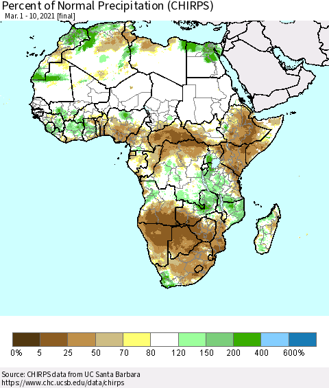 Africa Percent of Normal Precipitation (CHIRPS) Thematic Map For 3/1/2021 - 3/10/2021