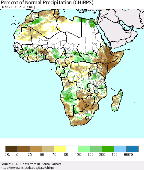 Africa Percent of Normal Precipitation (CHIRPS) Thematic Map For 3/21/2021 - 3/31/2021