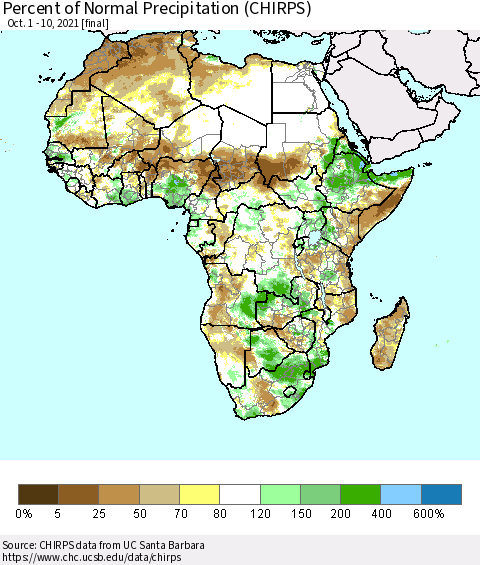 Africa Percent of Normal Precipitation (CHIRPS) Thematic Map For 10/1/2021 - 10/10/2021