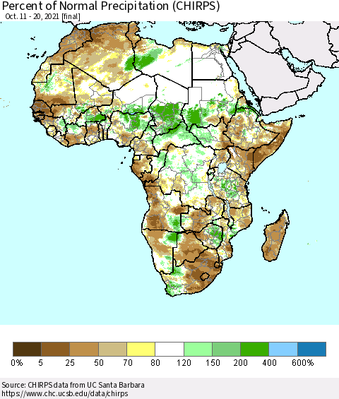 Africa Percent of Normal Precipitation (CHIRPS) Thematic Map For 10/11/2021 - 10/20/2021