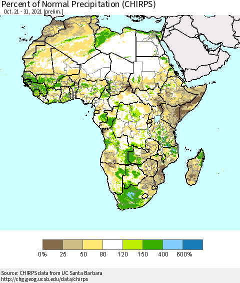 Africa Percent of Normal Precipitation (CHIRPS) Thematic Map For 10/21/2021 - 10/31/2021